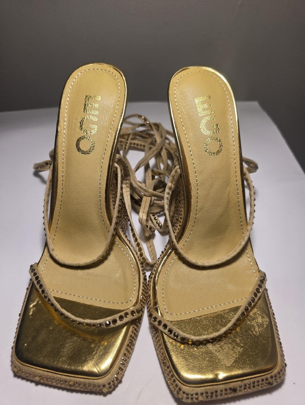 Gold Stilleto Heel Sandals Rhinestone Studded Details Long Ankle Leg Straps 8.5